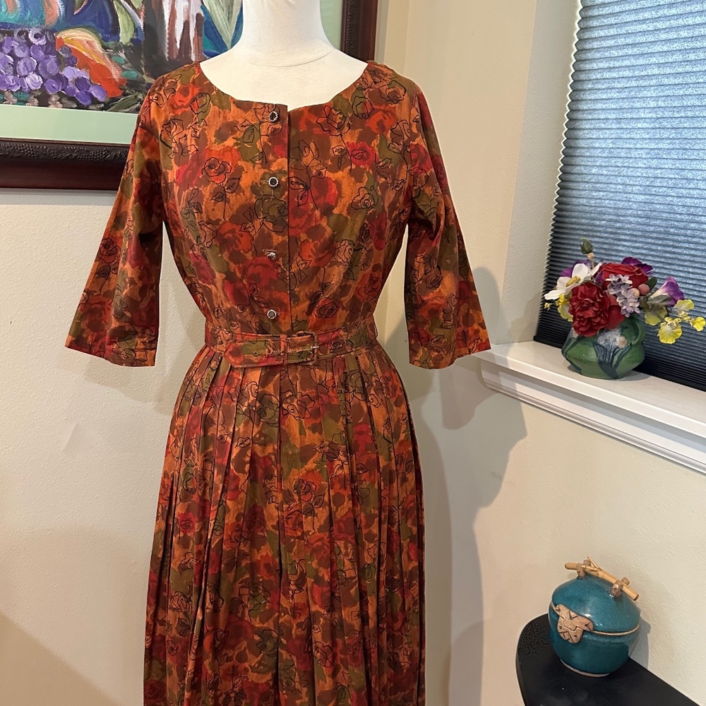 Rust & Orange Cotton Rose Print Fit and Flair 1950s Dress Mrs. Maisel - Sz Med.